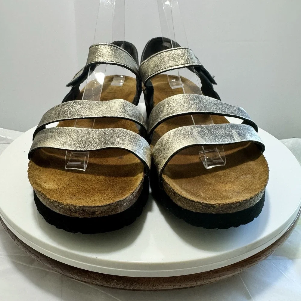 Naot Leather Strappy Boho Wedge Hook Loop‎ Cork Comfort Sandals 42 Gold Black